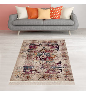 Batik Renk Geçişli Çiçek Desenli Dijital Baskı Yıkanabilir Kaymaz Taban Etnik Salon Halısı ve Yolluk (Kahverengi)