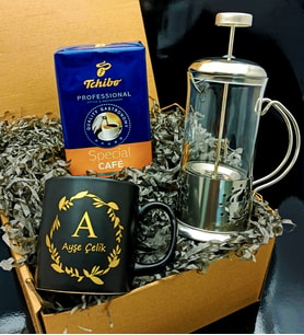 Kişiye Özel siyah kupa& Metal kaplama cam french press& Tchibo Kahve hediye Seti