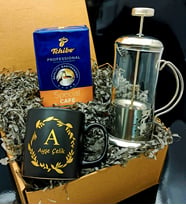 Kişiye Özel siyah kupa& Metal kaplama cam french press& Tchibo Kahve hediye Seti