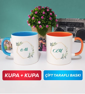 İkili Çiçek Tasarımlı İsme Özel Kupa Bardak Mavi Turuncu