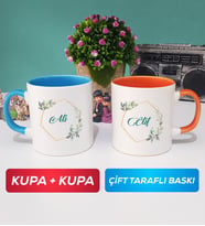 İkili Çiçek Tasarımlı İsme Özel Kupa Bardak Mavi Turuncu
