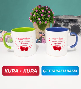 İkili Sevgiliye Sevgililer Günü Hediyesi 6 Kupa Bardak Yeşil Lacivert