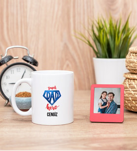Super Dad Beyaz Kupa Bardak ve Kırmızı Mini Fotoğraf Çerçevesi