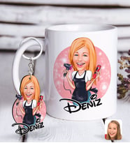 BK Gift Kişiye Özel Kadın Kuaför Karikatürlü Beyaz Kupa ve Anahtarlık Hediye Seti-3 (Model 1)