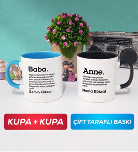 İkili Kişiye Özel Baba ve Anne Kupa Bardak Mavi Siyah