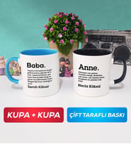 İkili Kişiye Özel Baba ve Anne Kupa Bardak Mavi Siyah