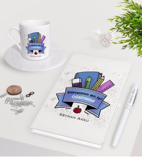 BK Gift Kişiye Özel Dünyanın En İyi Öğretmeni Beyaz Defter Kalem Türk Kahvesi Fincanı Seti-23 (Model 1)