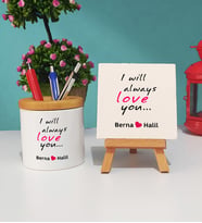 I Will Always Love You Tasarımlı Sevgiliye Sevgililer Günü Hediyesi Kalemlik ve Dekoratif Taş Baskı Hediye Seti
