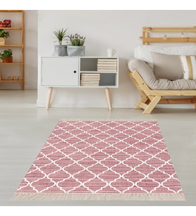 Geometrik Karo Desenli Dijital Baskı Yıkanabilir Kaymaz Taban Etnik Kilim Desen Salon Halı (Pembe)