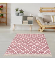 Geometrik Karo Desenli Dijital Baskı Yıkanabilir Kaymaz Taban Etnik Kilim Desen Salon Halı (Pembe)