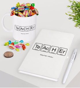 BK Gift Kişiye Özel Öğretmen Beyaz Defter Kalem Şekerli Kupa Seti-3 (Model 1)