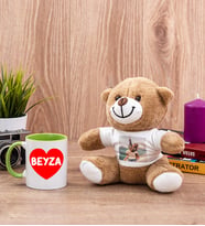 Sevgiliye Hediye İsim Yazılı Kalpli Yeşil Kupa Bardak ve Peluş Ayıcık