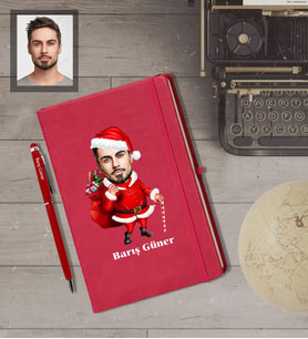 Kişiye Özel Yılbaşı Erkek Karikatürlü Kırmızı Defter Kalem Hediye Seti Model-1