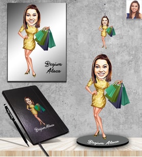 Kişiye Özel Bayan Karikatürlü 5 li Hediye Seti Model-2
