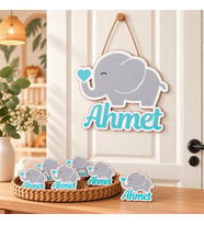 Kişiye Özel Bebek Kapı Süsü Ve 50 Adet Magnet Seti Fil Temalı