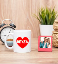 İsim Yazılı Kırmızı Kalpli Beyaz Kupa Bardak ve Kırmızı Mini Fotoğraf Çerçevesi
