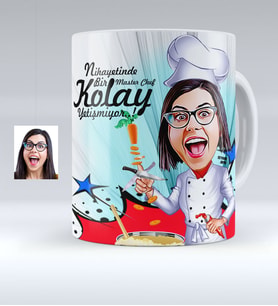 BK Gift Kişiye Özel Bayan Chef Karikatürlü Beyaz Kupa Bardak  1