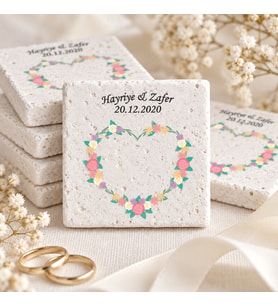 Kişiye Özel Doğal Taş İsimli Ve Tarihli Nikah Şekeri Magnet 5x5cm 30 Adet
