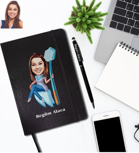 Kişiye Özel Diş Doktoru Karikatürlü Siyah Defter Kalem Hediye Seti Bayan-1