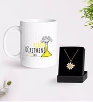 BK Gift Kişiye Özel Kimya Öğretmeni Beyaz Kupa ve Papatya Kolye Hediye Seti-5 (Model 1)