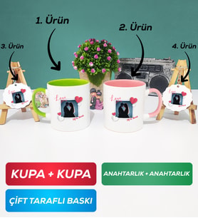 İkili Yeşil Pembe Sevgiliye Sevgililer Günü Hediyesi 7 Kupa Bardak Anahtarlık