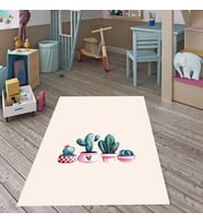 Kaktüs Saksı Desenli Halı Modern Dijital Baskı Yıkanabilir Kaymaz Taban Çocuk Genç Odası Halısı (Bej)