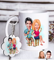 BK Gift Kişiye Özel Sevgililer Karikatürlü Beyaz Kupa ve Anahtarlık Hediye Seti-51 (Model 1)