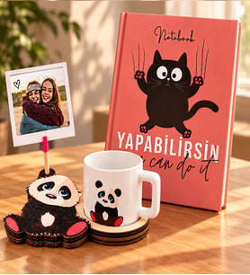 Kişiye Özel Fotoğraflı Yapabilirsin Defter & Panda Figürlü Kupa