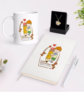 BK Gift Kişiye Özel Canım Öğretmenim Beyaz Kupa Defter Kalem ve İsimli Papatya Kolye Hediye Seti-4 (Model 1)