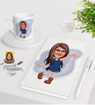 BK Gift Kişiye Özel Kız Çocuk Karikatürlü Beyaz Defter Kalem Türk Kahvesi Fincanı Seti-4 (Model 1)