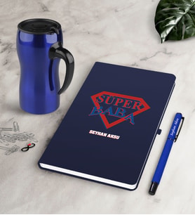 BK Gift Kişiye Özel Süper Baba Lacivert Defter Kalem Termos Mug Seti-3 (Model 1)