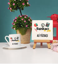 Bankacı Tasarımlı Kişiye Özel Hediye Bankacı Türk Kahvesi Fincanı ve Dekoratif Taş Baskı Seti