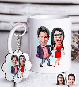 BK Gift Kişiye Özel Sevgililer Karikatürlü Beyaz Kupa ve Anahtarlık Hediye Seti-4 (Model 1)