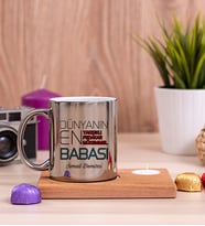 Dünyanın En İyi Babası Ahşap Altlıklı Mumlu Silver Kupa Bardak