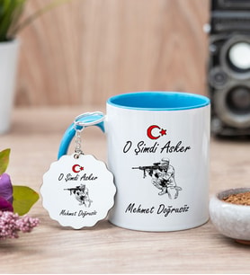 Askere Hediye Mavi Kupa Bardak Ve Anahtarlık Set