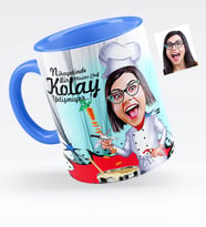 BK Gift Kişiye Özel Bayan Chef Karikatürlü Mavi Kupa Bardak  1