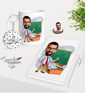 BK Gift Kişiye Özel Erkek Öğretmen Karikatürlü Kupa Anahtarlık Beyaz Defter Kalem Hediye Seti-1 (Model 1)