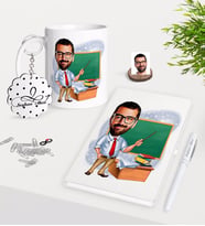 BK Gift Kişiye Özel Erkek Öğretmen Karikatürlü Kupa Anahtarlık Beyaz Defter Kalem Hediye Seti-1 (Model 1)