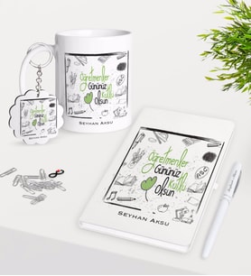 BK Gift Kişiye Özel Öğretmenler Günümüz Kutlu Olsun Kupa Anahtarlık Beyaz Defter Kalem Hediye Seti-8 (Model 1)