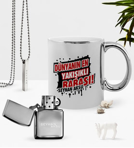BK Gift Kişiye Özel Dünyanın En Yakışıklı Babası Krom Kupa Benzinli Çakmak Kolye Seti-1 (Model 1)