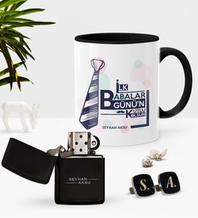 BK Gift Kişiye Özel İlk Babalar Günün Kutlu Olsun Siyah Kupa Çakmak Kol Düğmesi Seti-3 (Model 1)
