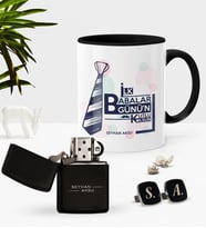 BK Gift Kişiye Özel İlk Babalar Günün Kutlu Olsun Siyah Kupa Çakmak Kol Düğmesi Seti-3 (Model 1)