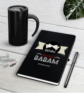 BK Gift Kişiye Özel Benim Yakışıklı Babam Siyah Defter Kalem Termos Mug Seti (Model 1)