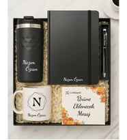 Kişiye Özel 300 ML Siyah Termos & Siyah Defter & İsimli Kupa & Metal Roler Kalem Hediye Seti