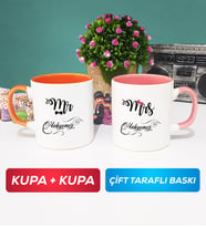 İkili Çiftlere Özel Mr Mrs Sevgiliye Hediye Kupa Bardak Turuncu Pembe