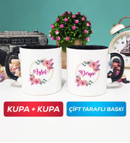 İkili Kişiye Özel İsim Yazılı Çiçek Tasarımlı Kupa Bardak Siyah
