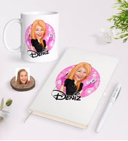 BK Gift Kişiye Özel Kadın Güzellik Uzmanı Karikatürlü Beyaz Defter Kalem ve Kupa Seti-3 (Model 1)