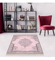 Osmanlı Desen Göbekli Dijital Baskı Yıkanabilir Modern Salon Halısı ve Yollu (Pembe)