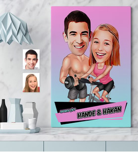BK Gift Kişiye Özel Sporcu Çift Karikatür Kanvas Tablo 50x70cm 1