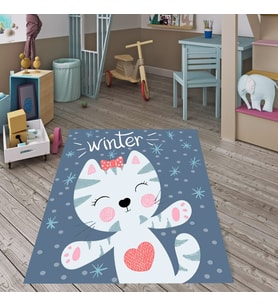 Kedi Desenli Dijital Baskı Yıkanabilir Kaymaz Taban Çocuk Odası Halısı (Mavi)